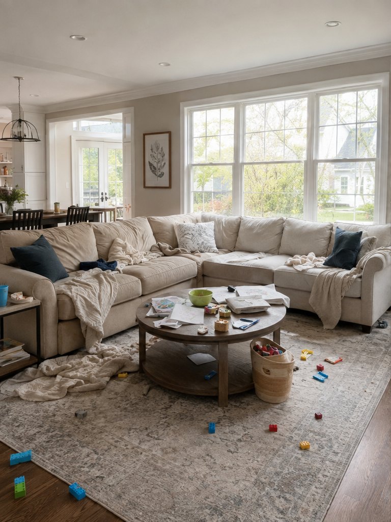 Living room before cleaning with scattered toys, papers and blankets across the sofa and rug