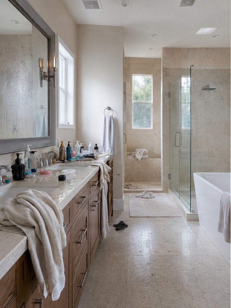 Bathroom before cleaning with cluttered vanity products, water-spotted mirror and towels on the floor