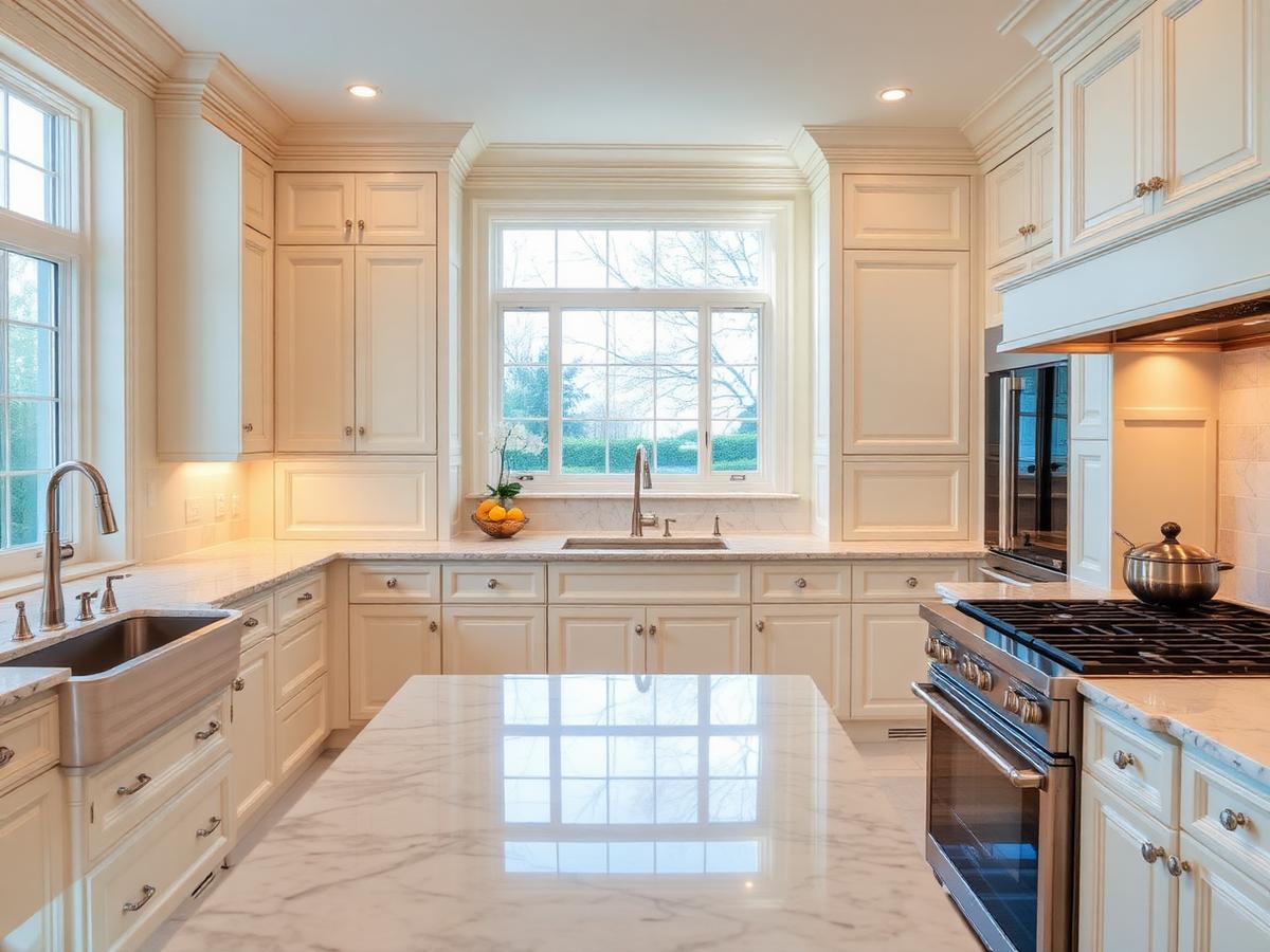 Immaculate kitchen with polished marble counters after a professional cleaning